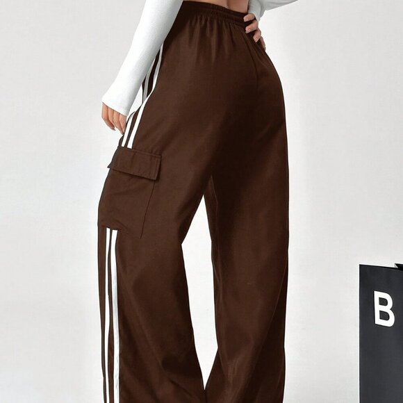 Brown Casual Women's Color Block Striped Drawstring Waist Cargo Long Pants - Picture 2 of 6